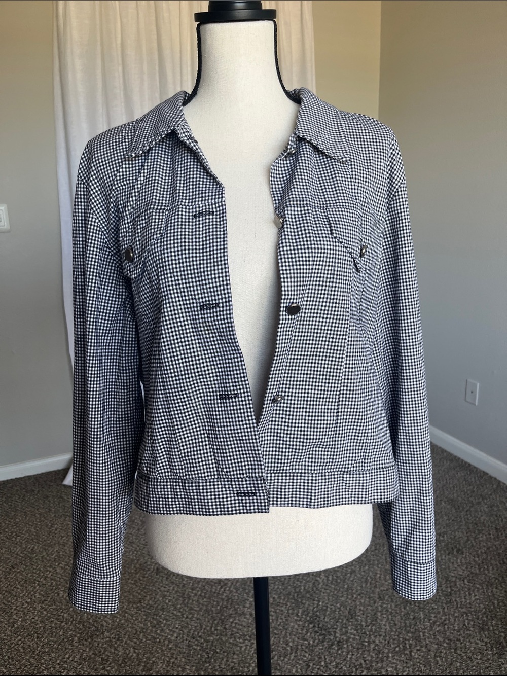 VTG 90s Cotton Black White Gingham Lightweight Jacket Made in USA Size Large